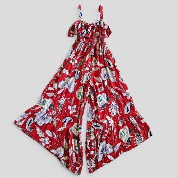 Band of Gypsies Pants - Band of Gypsies Ruffled Smocked Bold Floral Print Asymmetrical Hem Jumpsuit XS